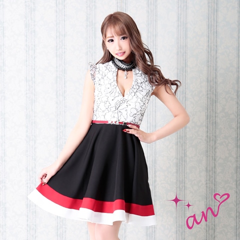 [an]谷間ホールフラワーAラインミニ丈キャバドレス[AOC-3113]