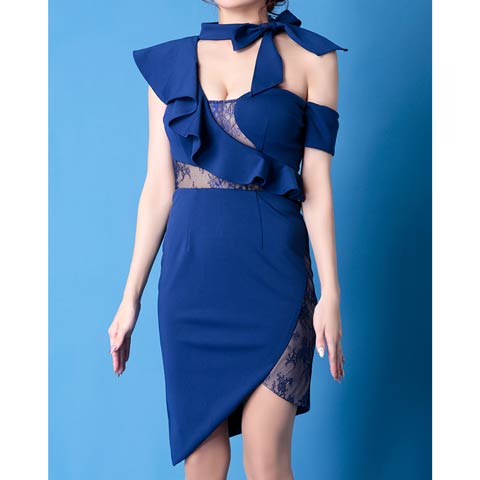 [Andy]ネックリボンアシメタイトミニ丈キャバドレス[GMS-V649][送料無料](ロイヤルブルー-Sサイズ)