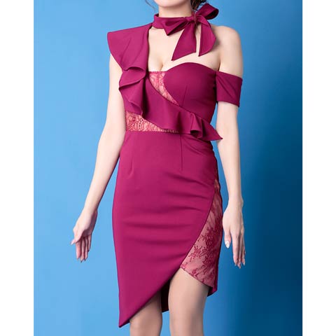 [Andy]ネックリボンアシメタイトミニ丈キャバドレス[GMS-V649][送料無料](マゼンタピンク-Sサイズ)