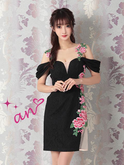 2/26再販![an]ROSEケミカル総レースオフショル透けタイトミニドレス[AOC-3230]