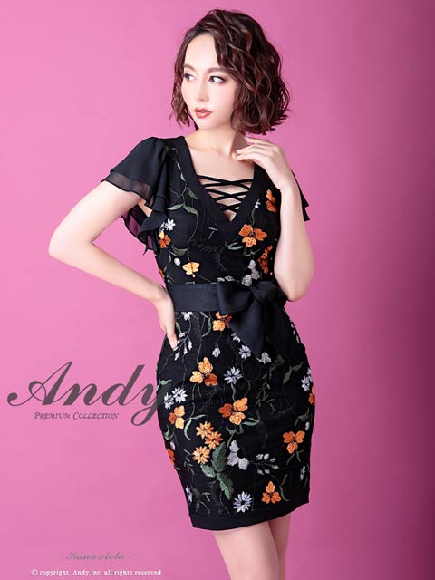 2/26再販![Andy]フラワーエンブロイダリーウエストリボンタイトミニドレス[AN-OK2161]