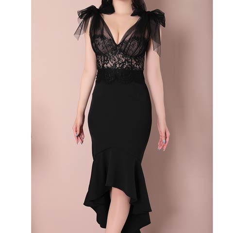 [an]チュールレースリボンショルダーマーメイドタイトドレス[AOC-3286](ブラック-Sサイズ)