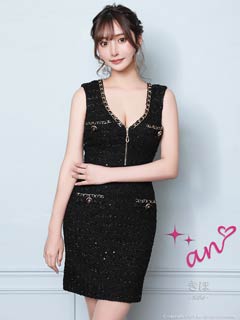 [an]ツイードチェーンボタンノースリーブタイトミニドレス[AOC-3251]