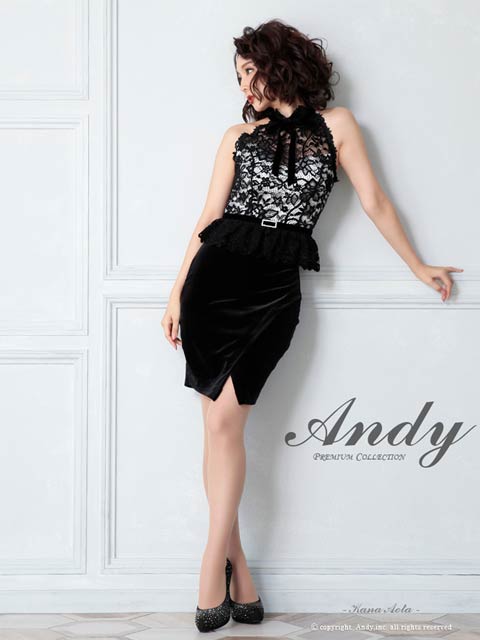 [Andy]レースペプラムハイネックリボンタイトミニ丈キャバドレス[AN-OK2492]