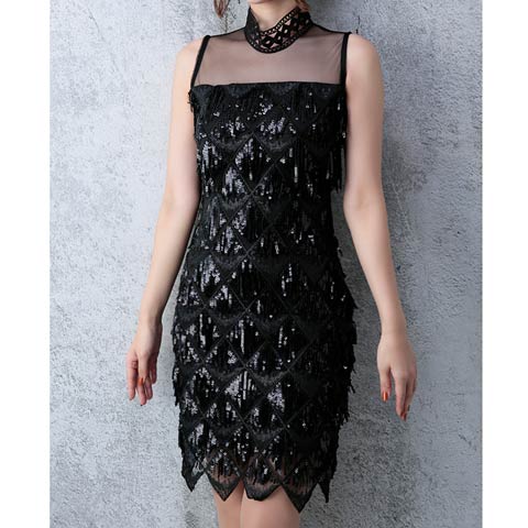 [Andy]シアー格子柄スパンコール刺繍ハイネックタイトドレス[AN-OK2034](ブラック-Sサイズ)