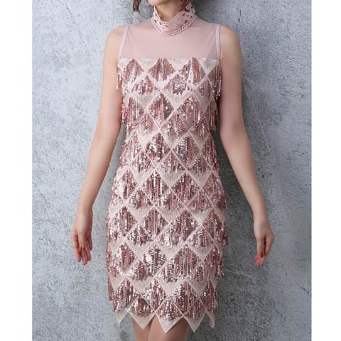 [Andy]シアー格子柄スパンコール刺繍ハイネックタイトドレス[AN-OK2034](ピンク-Sサイズ)
