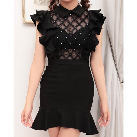 [an]シアー格子レース襟付きフリルマーメイドミニドレス[AOC-3305](ブラック-Sサイズ)