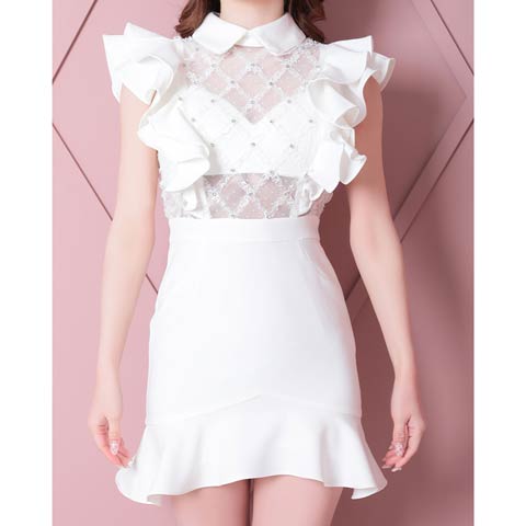[an]シアー格子レース襟付きフリルマーメイドミニドレス[AOC-3305](ホワイト-Sサイズ)