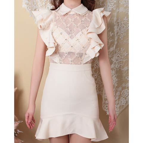 [an]シアー格子レース襟付きフリルマーメイドミニドレス[AOC-3305](アイボリー-Sサイズ)