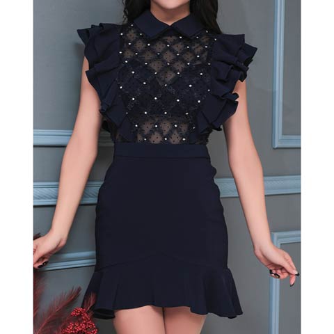 [an]シアー格子レース襟付きフリルマーメイドミニドレス[AOC-3305](ネイビー-Sサイズ)