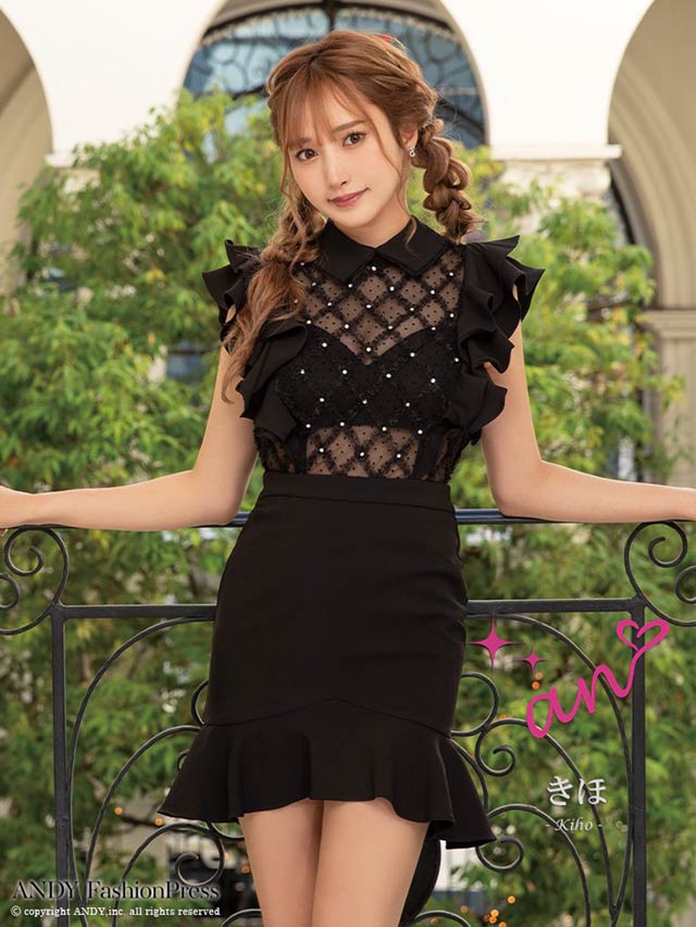 [an]シアー格子レース襟付きフリルマーメイドミニドレス[AOC-3305]