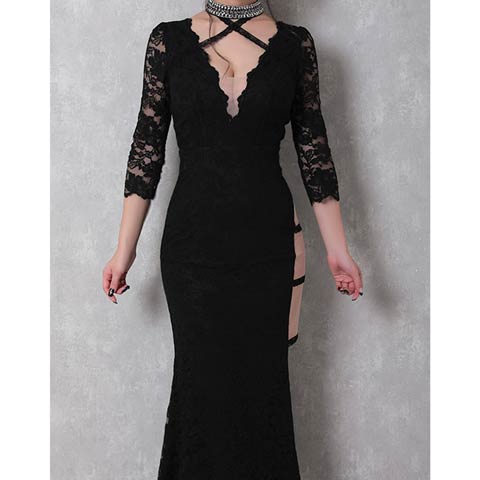 [GLAMOROUS]オールレースビジューネックタイトロングドレス[GMS-V746](ブラック-Sサイズ)