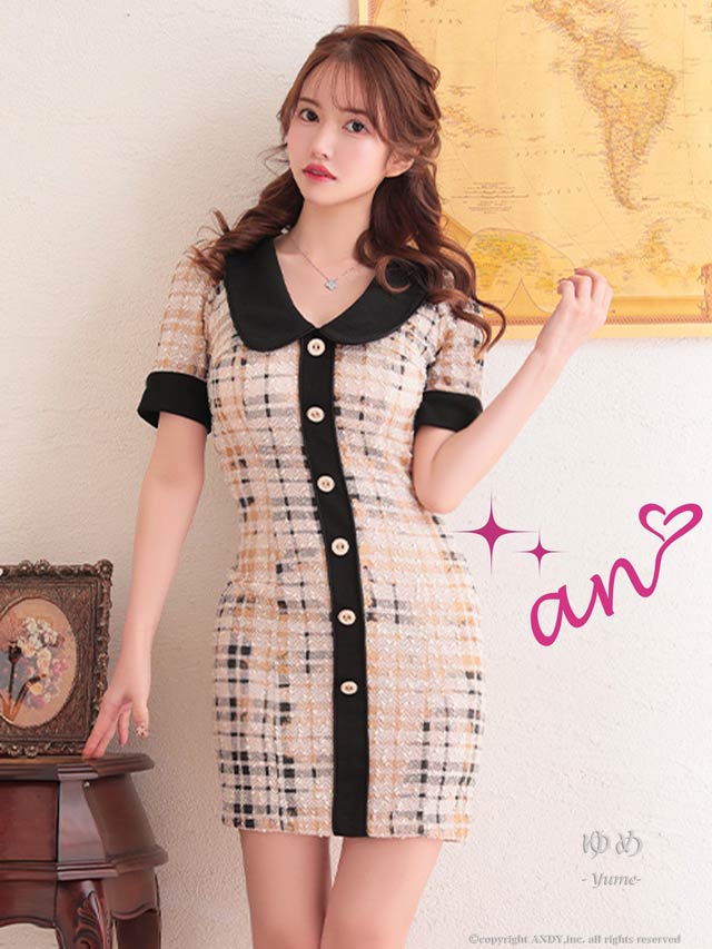 7/24再入荷!【ポイント20倍】[an]ボタンデザイン襟付きツイードタイトミニ丈キャバドレス[AOC-3370]