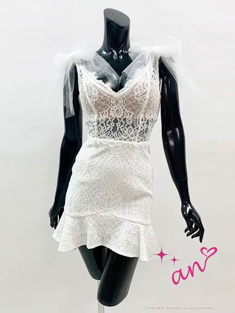 [an]シアーレースチュールリボンショルダーマーメイドミニ丈キャバドレス[AOC-3414]