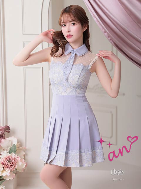 7/29再販!【ポイント20倍】[an]襟付きシアーレースプリーツミニ丈キャバドレス[AOC-3411]