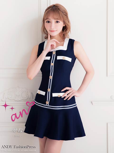 [an]バイカラースクエアネックボタンビジューフレアミニ丈キャバドレス[AOC-3404]