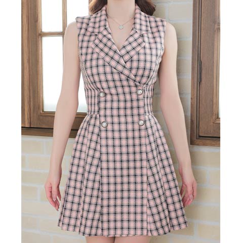 [an]襟付きシャツ風チェックプリーツフレアミニドレス[AOC-3443](ピンク-Sサイズ)
