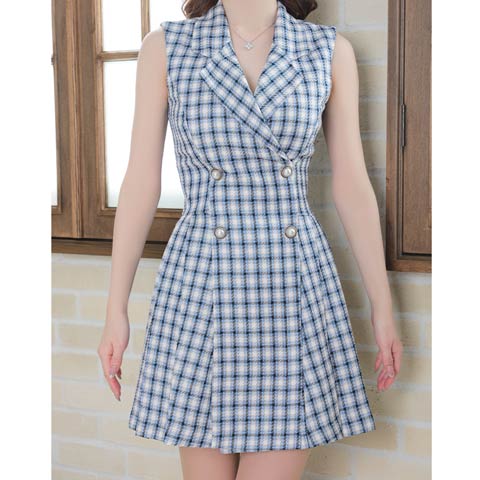 [an]襟付きシャツ風チェックプリーツフレアミニドレス[AOC-3443](ブルー-Sサイズ)
