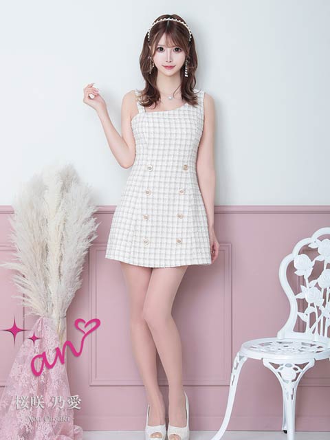 4/1再販![an]ギンガムツイードアシンメトリーAラインミニ丈キャバドレス[AOC-3401]