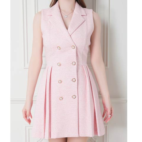 [an]ノースリーブジャケット風ダブルボタンAラインミニドレス[AOC-3389](ピンク-Sサイズ)