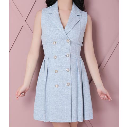 [an]ノースリーブジャケット風ダブルボタンAラインミニドレス[AOC-3389](ブルー-Sサイズ)