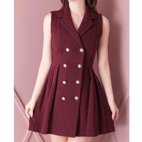 [an]ノースリーブジャケット風ダブルボタンAラインミニドレス[AOC-3389](バーガンディー-Sサイズ)