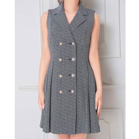 [an]ノースリーブジャケット風ダブルボタンAラインミニドレス[AOC-3389](ブラックxホワイト-Sサイズ)