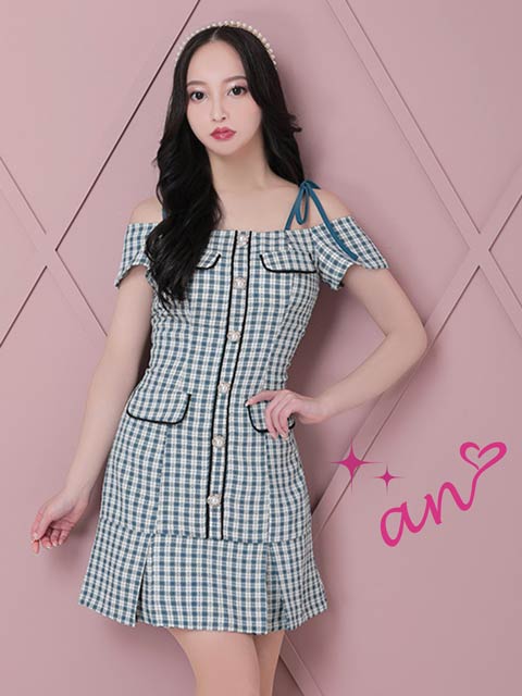 [an]チェック柄リボンキャミソールボックスプリーツミニ丈キャバドレス[AOC-3476]