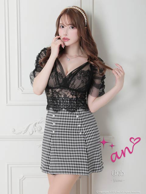 [an]バックリボンチュールレース千鳥格子柄Aラインミニ丈キャバドレス[AOC-3486]