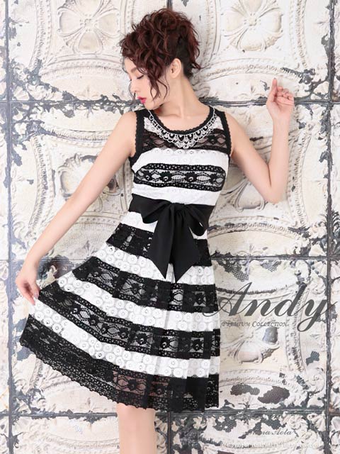 [Andy]ノースリーブボーダーレースウエストリボンAラインミニ丈キャバドレス[AN-OK2306]