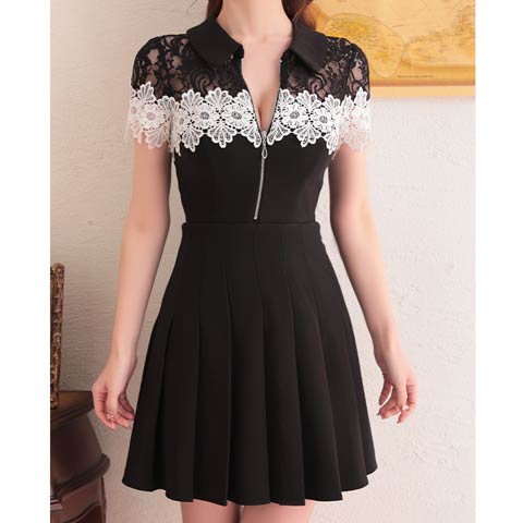 [an]フロントジップフラワーレース襟付きプリーツAラインミニドレス[AOC-3480](ブラックXホワイト-Sサイズ)