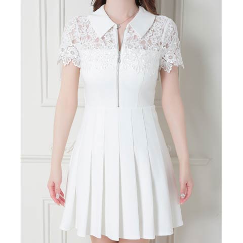 [an]フロントジップフラワーレース襟付きプリーツAラインミニドレス[AOC-3480](ホワイト-Sサイズ)