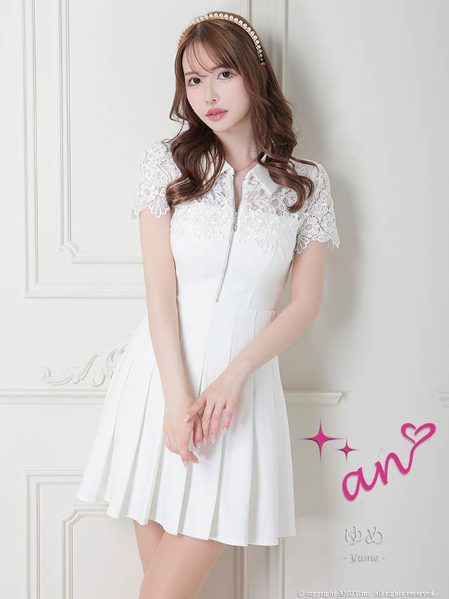 [an]フロントジップフラワーレース襟付きプリーツAラインミニドレス[AOC-3480]