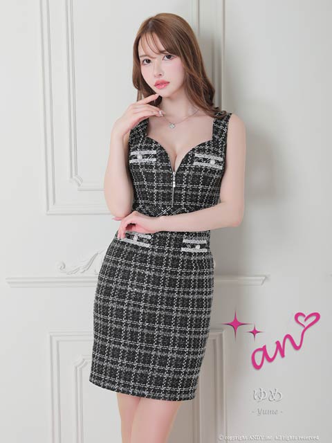 [an]フロントジップツイードチェックチュールリボンタイトミニ丈キャバドレス[AOC-3507]