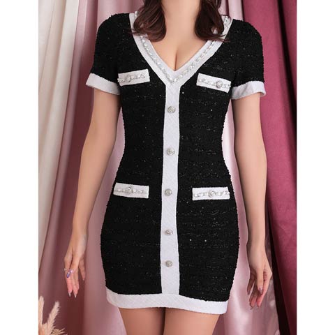 [an]バイカラーVネックチェーンツイードタイトミニドレス[AOC-3519](ブラック-Sサイズ)