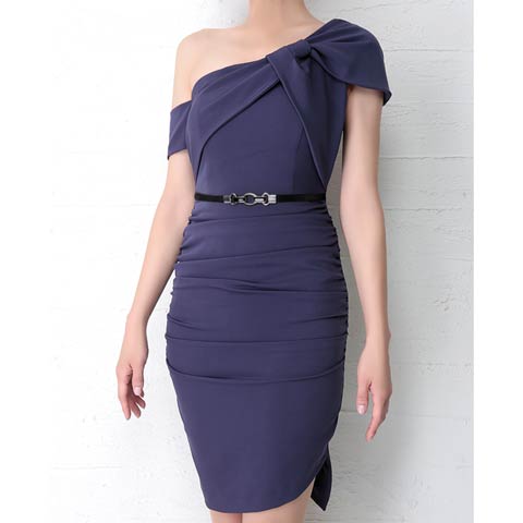 [Andy]ワンショルダーリボンデザインベルト付きタイトミニドレス[AN-OK2297](パープル-Sサイズ)