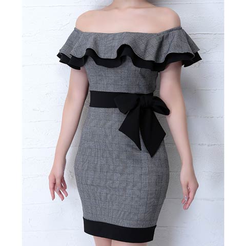 [Andy]グレンチェックオフショルダーウエストリボンタイトミニドレス[AN-OK2215](グレー-Sサイズ)