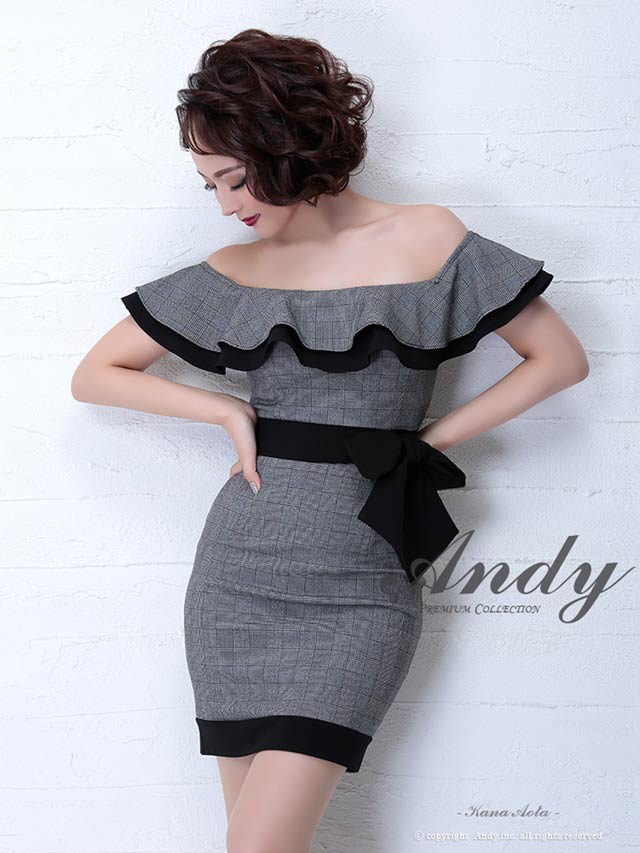 [Andy]グレンチェックオフショルダーウエストリボンタイトミニドレス[AN-OK2215]