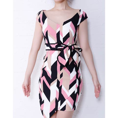 [Andy]ジオメトリックフレンチスリーブウエストリボンタイトミニドレス[AN-OK2213](ピンク-Sサイズ)
