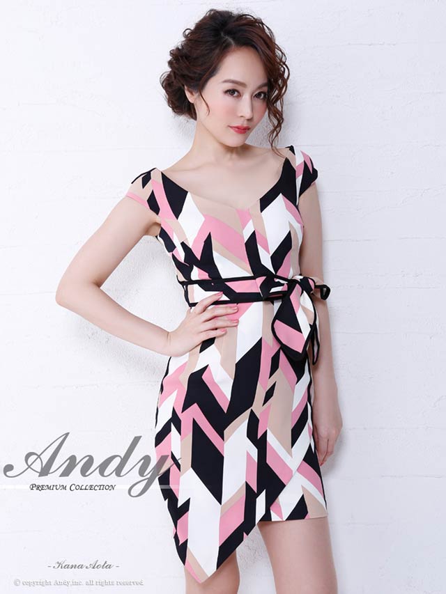 [Andy]ジオメトリックフレンチスリーブウエストリボンタイトミニドレス[AN-OK2213]