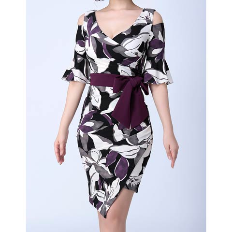 [Andy]大柄フラワープリントタイトミニドレス[AN-OK2315](ブラック-Sサイズ)