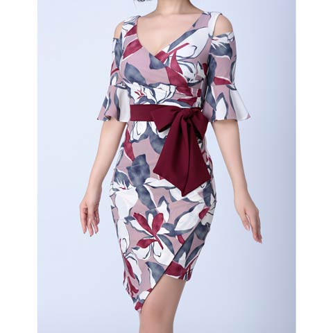 [Andy]大柄フラワープリントタイトミニドレス[AN-OK2315](ワインレッド-Sサイズ)