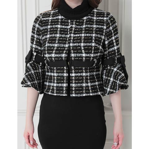 [an]ツイードリボンジャケット&ハイネックタイトミニドレス[AOC-JK016](ブラック-Sサイズ)