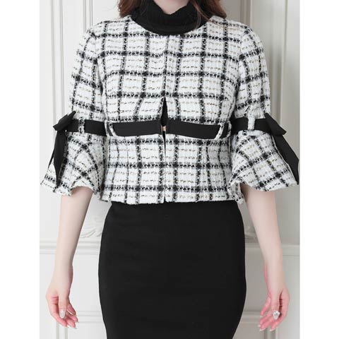 [an]ツイードリボンジャケット&ハイネックタイトミニドレス[AOC-JK016](ホワイト-Sサイズ)