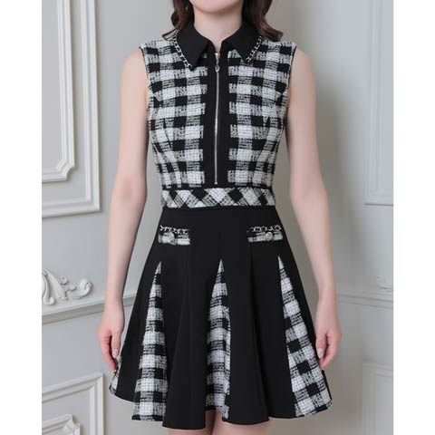 [an]フロントファスナーツイードプリーツ襟付きAラインミニドレス[AOC-3527](ブラック-Sサイズ)