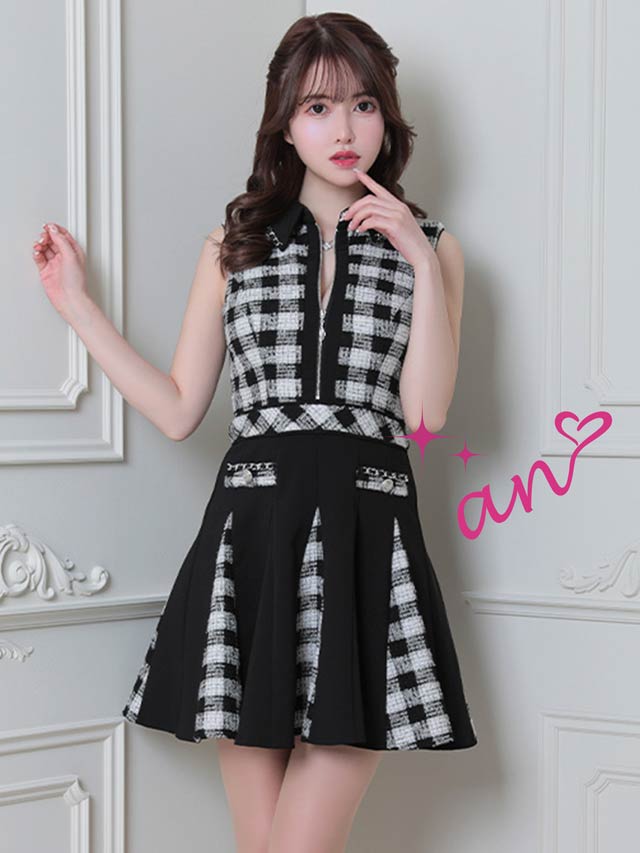 [an]フロントファスナーツイードプリーツ襟付きAラインミニドレス[AOC-3527]