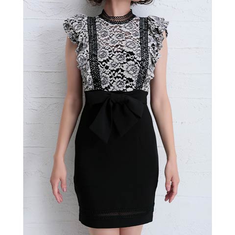 [Andy]フラワーレースフリル袖ウエストリボンタイトミニドレス[AN-OK2512](ベージュXブラック-Mサイズ)