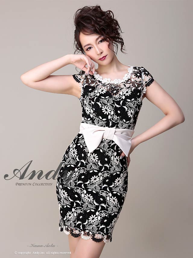 [Andy]フラワーケミカルレースウエストリボンタイトミニドレス[AN-OK2229]