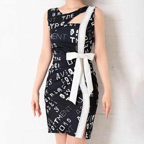 [Andy]ノースリーブ英字プリントリボンタイトミニドレス[AN-OK2363](ブラック-Sサイズ)