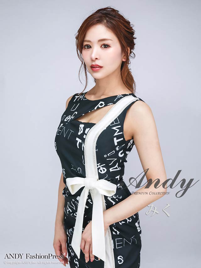 [Andy]ノースリーブ英字プリントリボンタイトミニドレス[AN-OK2363]